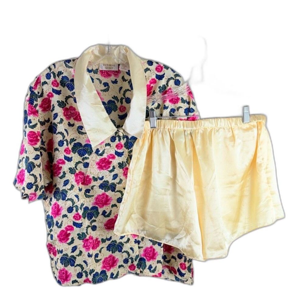 Vintage Gold Label Victoria Secret M Satin Pajama Set Short Sleeve Button Down
